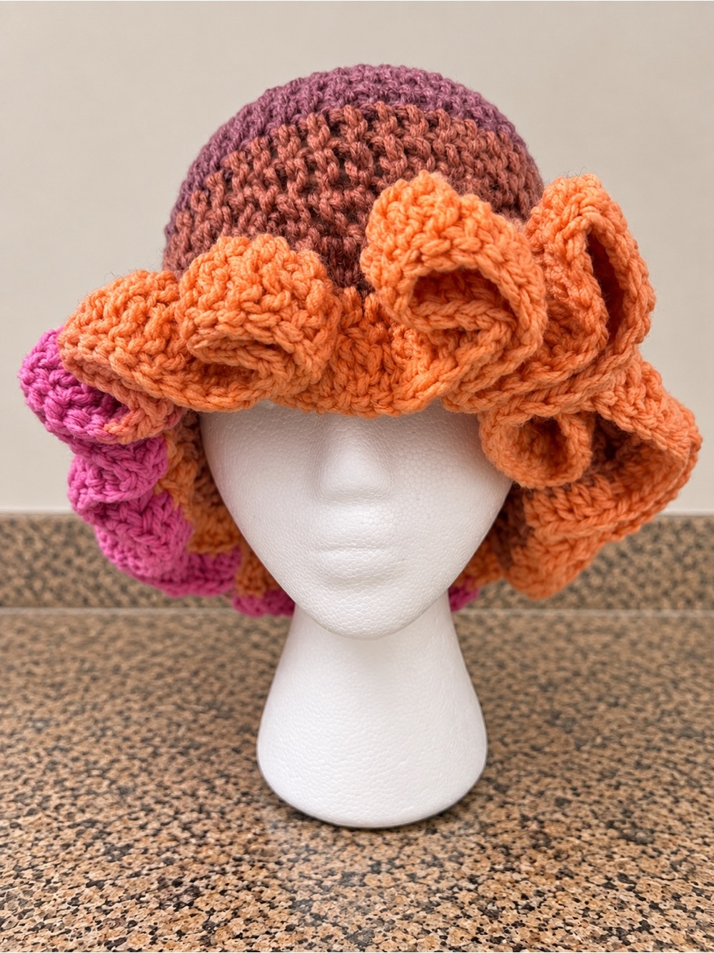 Handmade Multicolor Crochet Ruffle Hat - Orange, Pink, Purple